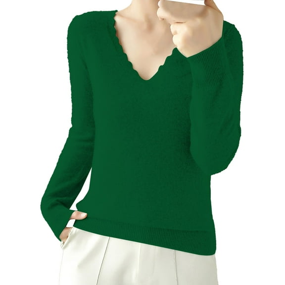 Yigetop Long Sleeve Shirts Women's Spring Solid Color Short Lace V Neck Pullover Base Knit Sweater Womens Long Sleeve Tops Casual Army Green L