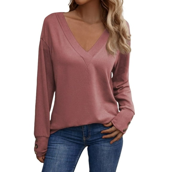 Yigetop Long Sleeve T Shirt Women, V Neck Loose Casual and Fashionable Long Sleeved T Shirt Button Top V Neck Long Sleeve Shirts for Women Light Pink L