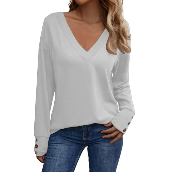 Yigetop Long Sleeve T Shirt Women, V Neck Loose Casual and Fashionable Long Sleeved T Shirt Button Top V Neck Long Sleeve Shirts for Women White 2XL
