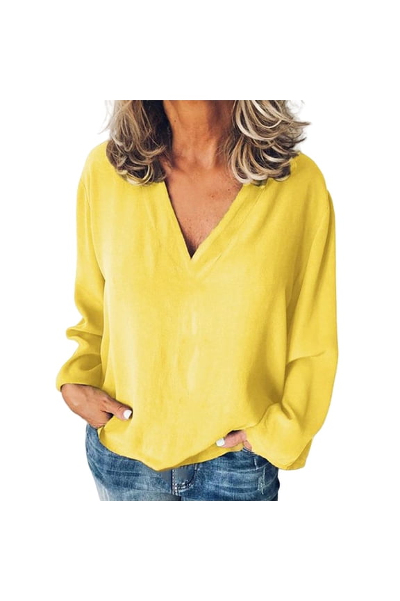 Long Sleeve V Neck, Women's Loose Classic Solid V Neck Chiffon Blouses Shirts Tops and Tees V Neck Long Sleeve T Shirts for Women Yellow XL