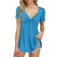 thumbnail image 1 of Yigetop Low Cut Tops for Women, Womens Front Knotted V Neck Blouse T Shirt Short Sleeve Oversized Tunic Tops Summer Solid Pullover Tees Ruched Tops for Women Blue2 2XL, 1 of 9