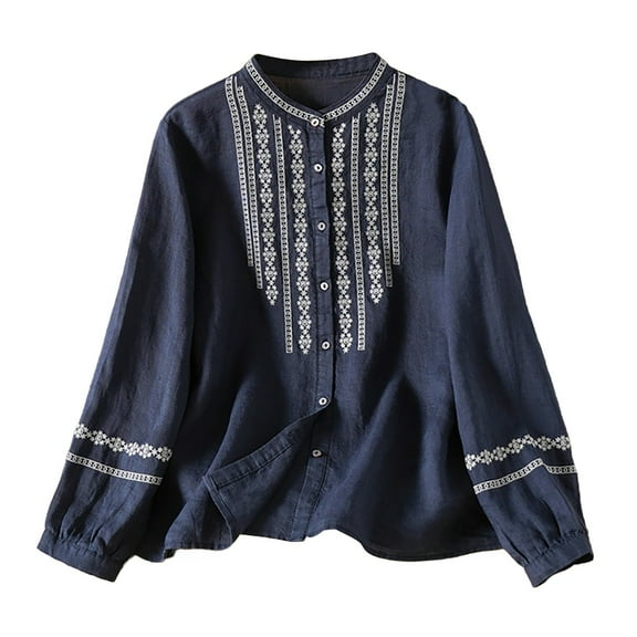 Yigetop Mexican Blouses for Women! Retro Artistic Embroidery Cotton Linen Women's Retro Artistic Stand Up Collar Women's Versatile Long Sleeved Shirt Top indian Tops Navy 3XL