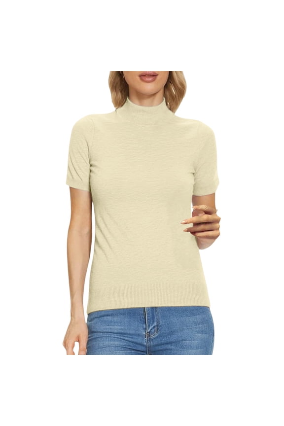 Mock Neck Sweater Women Women's Short Sleeve Mock Neck Sweater Top Turtleneck Pullover Knit Shirt Women's Tops, Tees & Blouses Beige 2XL