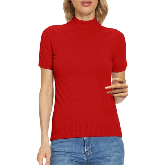 Yigetop Mock Neck Sweater Women Women's Short Sleeve Mock Neck Sweater Top Turtleneck Pullover Knit Shirt Women's Tops, Tees & Blouses Red XL