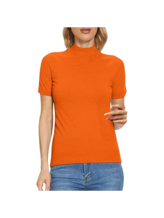 Mock Neck Sweater Women Women's Short Sleeve Mock Neck Sweater Top Turtleneck Pullover Knit Shirt Women's Tops, Tees & Blouses orange 2XL
