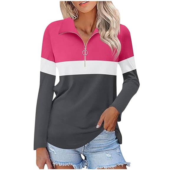 Yigetop Mock Neck Sweatshirt Women Women's 3/4 Sleeve Quarter Zip Shirts Collared V Neck Pullover Top Collared Casual Fall Tunic Color Block Blouses Long Sleeve Tops Hot Pink L