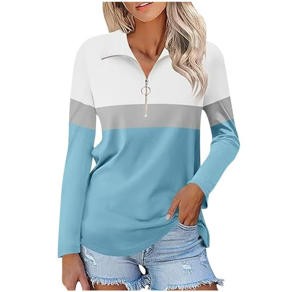 Yigetop Mock Neck Sweatshirt Women Women's 3/4 Sleeve Quarter Zip Shirts Collared V Neck Pullover Top Collared Casual Fall Tunic Color Block Blouses Long Sleeve Tops Blue3 L