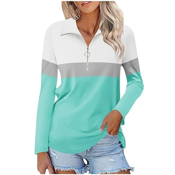 Yigetop Mock Neck Sweatshirt Women Women's 3/4 Sleeve Quarter Zip Shirts Collared V Neck Pullover Top Collared Casual Fall Tunic Color Block Blouses Long Sleeve Tops Blue1 XL