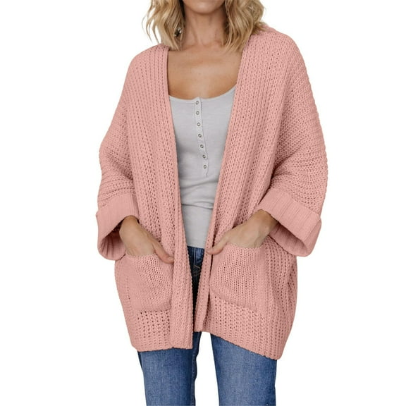 Yigetop Oversize Cardigan for Women, Women's Oversized 3/4 Sleeve Open Front Knit Cardigan Outwear with Pockets 3/4 Sleeve Cardigan for Women Pink L