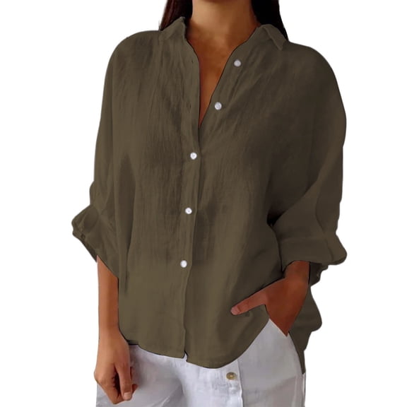 Yigetop Oversized Button Down Shirts for Women, Women’S Retro Button Down Short Sleeve Shirt with Ruffled Sleeves – Soft Linen Like Fabric Regular Fit Easy Button Down Shirts for Women Bronze L