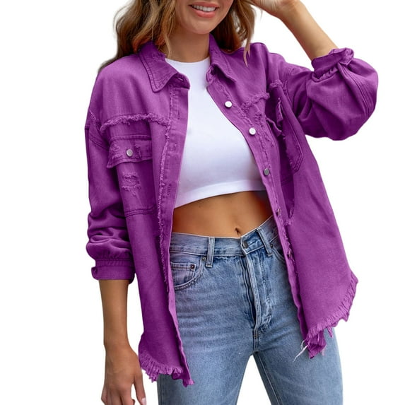 Yigetop Oversized Denim Jacket Women, Denim Jacket Women's Long Sleeve Trucker Jacket Lightweight Short Oversize Transition Jacket Casual Denim Jacket Summer Jean Jacket Women Dark Purple S