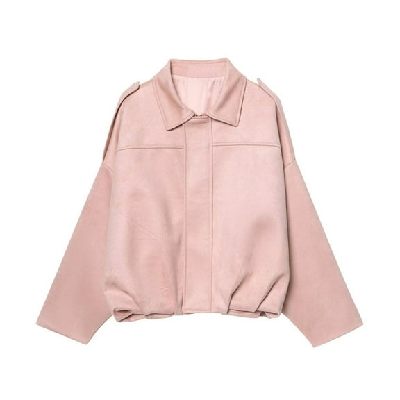 Yigetop Oversized Jacket, Women's Stylish Oversized Suede Effect Jacket with Shoulder Collared Neck Zip Up Coat Bomber Jacket Pink M