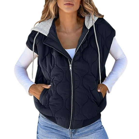 Yigetop Oversized Puffer Vest Short Puffer Vest Women Sleeveless Hooded Puffer Jacket Lightweight Quilted Jackets Winter Warm Zip Up Coat Outerwear Short Puffer Vest Navy S