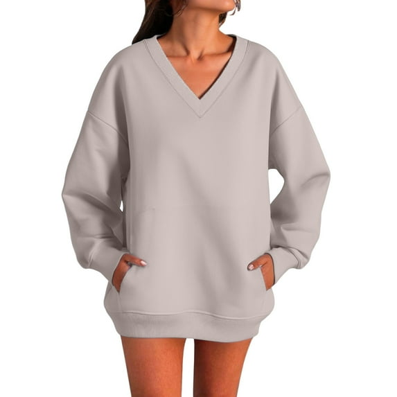 Yigetop Oversized Sweatshirt for Women, Women's Autumn Fashion Plus Loose V Neck Sweatshirt with Side Pockets Hoodie Sweatshirt for Women Beige L