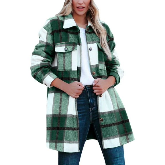 Yigetop Plaid Jacket for Woman Women's Overcoat Classic Button Down Plaid Printed Winter Fleece Lined Lapel Snow Coat Shirts Outwear with Pockets Jackets for Women Green L