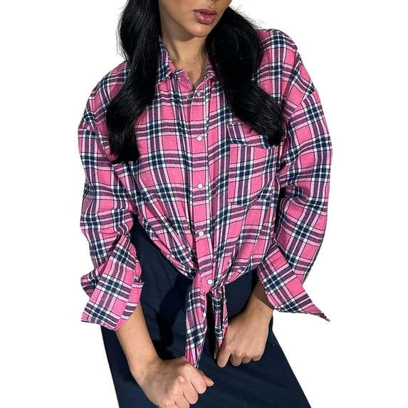 Yigetop Plaid Shirt Flower Pattern Printed Women's Lapel Neck Casual Cotton and Linen Long Sleeve Shirt Button Down Shirts for Women Hot Pink L