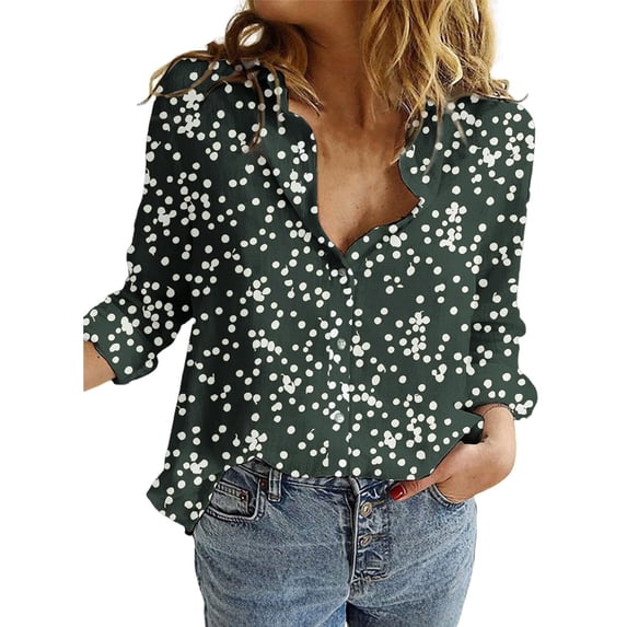 Yigetop Polka Dot Tops for Women, Women's Casual V Neck Floral Print Roll Up Long Sleeve Chiffon Button Down Blouses Top Shirts Chiffon Blouses for Women Green S