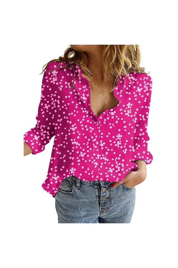 Polka Dot Tops for Women, Women's Casual V Neck Floral Print Roll Up Long Sleeve Chiffon Button Down Blouses Top Shirts Chiffon Blouses for Women Hot Pink 3XL