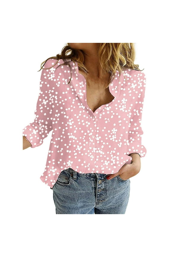 Polka Dot Tops for Women, Women's Casual V Neck Floral Print Roll Up Long Sleeve Chiffon Button Down Blouses Top Shirts Chiffon Blouses for Women Pink S