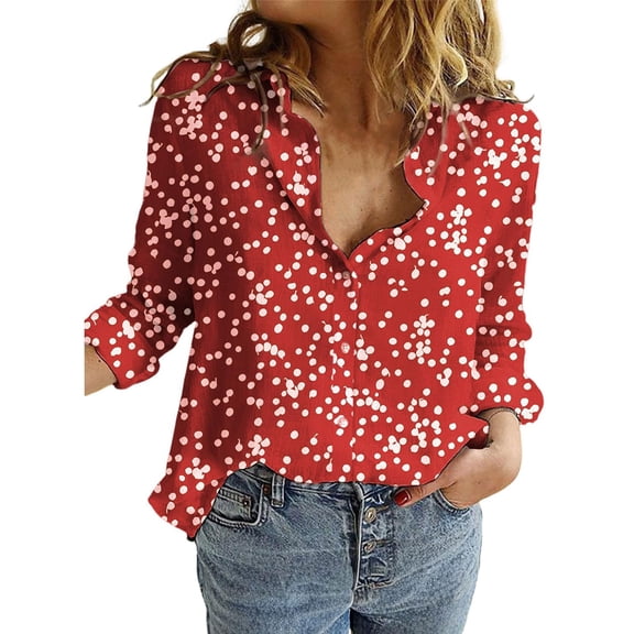 Yigetop Polka Dot Tops for Women, Women's Casual V Neck Floral Print Roll Up Long Sleeve Chiffon Button Down Blouses Top Shirts Chiffon Blouses for Women Red L