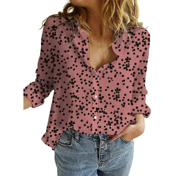 Yigetop Polka Dot Tops for Women, Women's Casual V Neck Floral Print Roll Up Long Sleeve Chiffon Button Down Blouses Top Shirts Chiffon Blouses for Women Wine S