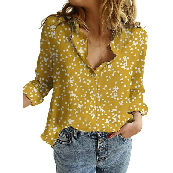 Yigetop Polka Dot Tops for Women, Women's Casual V Neck Floral Print Roll Up Long Sleeve Chiffon Button Down Blouses Top Shirts Chiffon Blouses for Women Yellow S