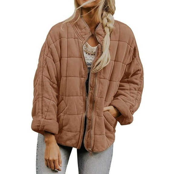 Yigetop Puffer Jacket Womens, Women's Oversized Splice Quilted Lightweight Puffer Jacket Casual Padded Coat Quilted Puffer Jacket Brown L