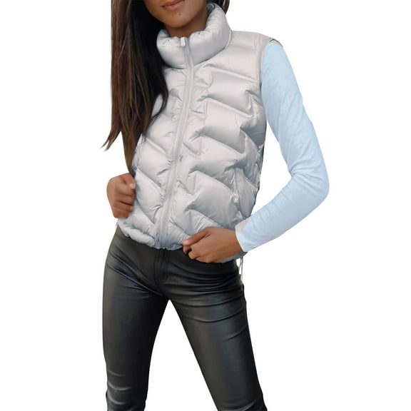 Yigetop Puffy Vest Women Women's Solid Color Sleeveless Short Jacket with Stand Collar Lightweight Zip Quilted Vest for Women Women's Puffer Vest Grey XL