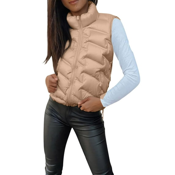 Yigetop Puffy Vest Women Women's Solid Color Sleeveless Short Jacket with Stand Collar Lightweight Zip Quilted Vest for Women Women's Puffer Vest Khaki M