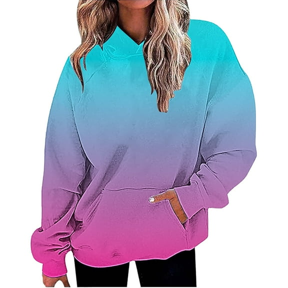 Yigetop Pull Over Sweatshirt for Womens, Women Oversized Hoodies Casual Long Sleeve Loose Fashion Pockets Pullover Tops Gradient Printed Sweatshirts Hooded Sweatshirt Women Sky Blue M