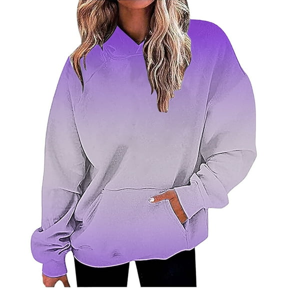 Yigetop Pull Over Sweatshirt for Womens, Women Oversized Hoodies Casual Long Sleeve Loose Fashion Pockets Pullover Tops Gradient Printed Sweatshirts Hooded Sweatshirt Women Purple XL
