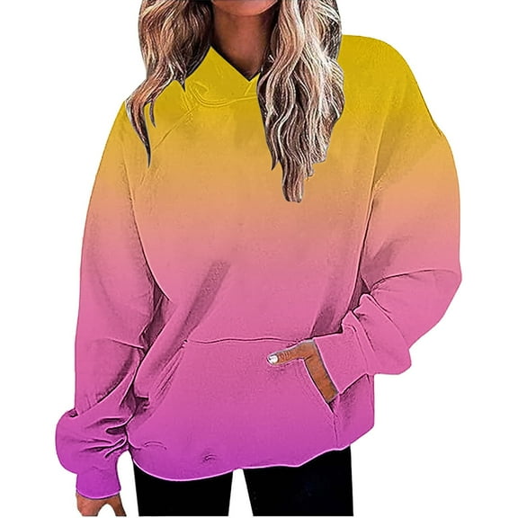 Yigetop Pull Over Sweatshirt for Womens, Women Oversized Hoodies Casual Long Sleeve Loose Fashion Pockets Pullover Tops Gradient Printed Sweatshirts Hooded Sweatshirt Women orange L