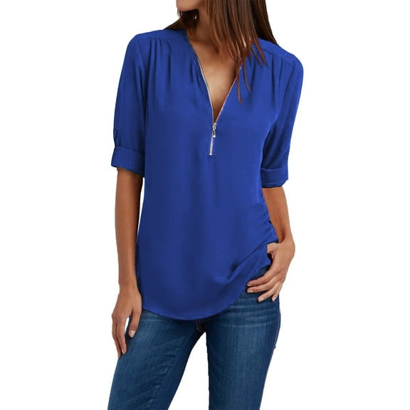 Yigetop Quarter Zip Pullover Women Button Women Ladies Clothing Loose Shirt Chiffon Zipper Long Sleeves Plus Size Tops Zip Up Sweaters for Women Blue L