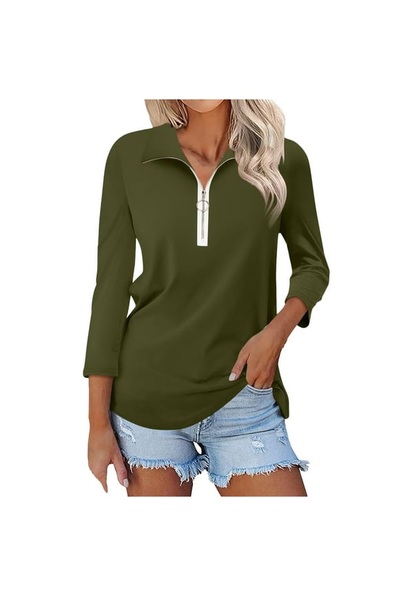 Quarter Zip Pullover Women Women's V Neck 3/4 Sleeve Tops Quarter Zip Collared Shirts Shirts Summer Tees Zip Up Sweaters for Women Army Green L
