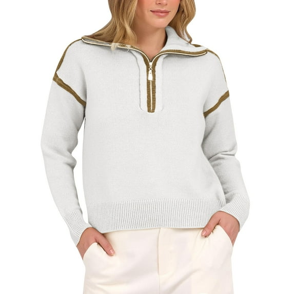 Yigetop Quarter Zip Pullover Women, Womens Quarter Zip Sweaters 2025 Fall Long Sleeve V Neck Collared Tops Knit Pullover Sweater Shirts Womens Sweatshirt White A