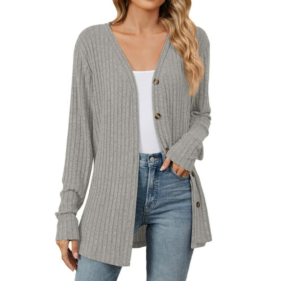 Yigetop Ribbed Cardigan, Autumn and Winter Solid Color Loose Long Sleeve Pocket Cardigan Coat Women's Clothing Womens Cardigan with Pockets Grey 2XL
