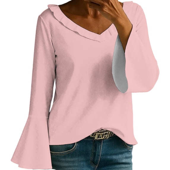 Yigetop Ruffle Blouse, Fall T Shirts Women Loose Fit Long Sleeve Boat Neck Tops Casual Blouses Print Sleeve Tops Bell Sleeve Top Light Pink M