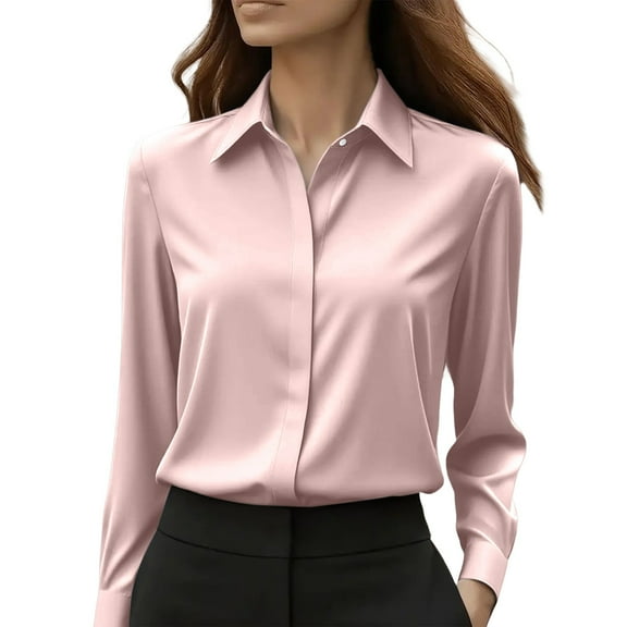 Yigetop Satin Blouses for Women, Button Down Shirts for Women Wrinkle Resistance Dress Shirts for Women Long Sleeve Work formal Blouses Tops Collared Blouses for Women Pink 2XL