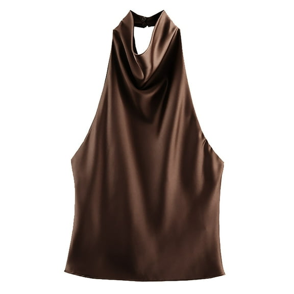 Yigetop Satin Halter Tops for Women, Ladies' Fashionable Casual Texture Hanging Neck Vest Top Dressy Halter Tops for Women Brown S
