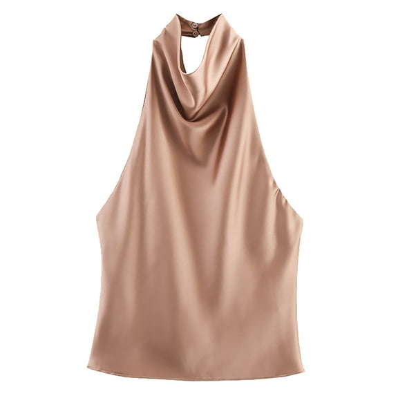 Yigetop Satin Halter Tops for Women, Ladies' Fashionable Casual Texture Hanging Neck Vest Top Dressy Halter Tops for Women Gold S