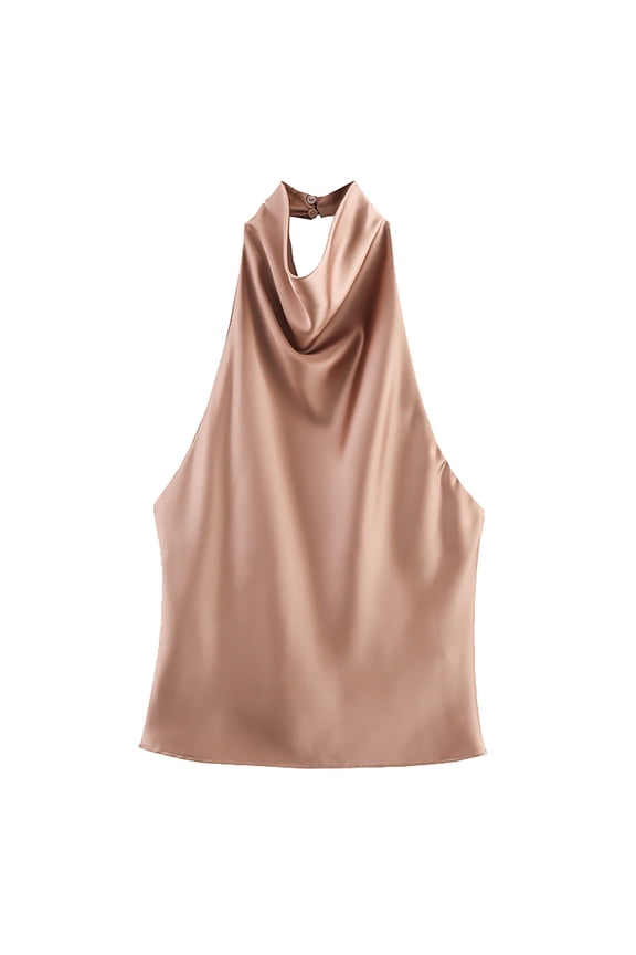 Satin Halter Tops for Women, Ladies' Fashionable Casual Texture Hanging Neck Vest Top Dressy Halter Tops for Women Gold S