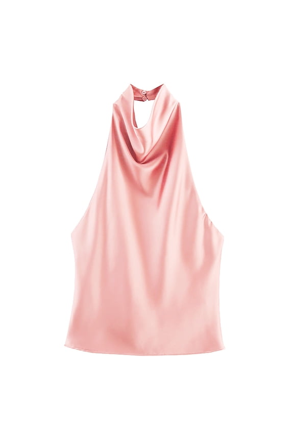 Satin Halter Tops for Women, Ladies' Fashionable Casual Texture Hanging Neck Vest Top Dressy Halter Tops for Women Pink S