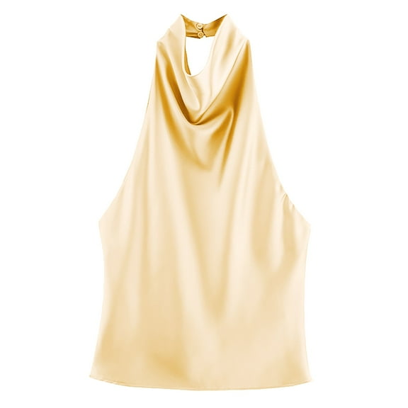 Yigetop Satin Halter Tops for Women, Ladies' Fashionable Casual Texture Hanging Neck Vest Top Dressy Halter Tops for Women Yellow S