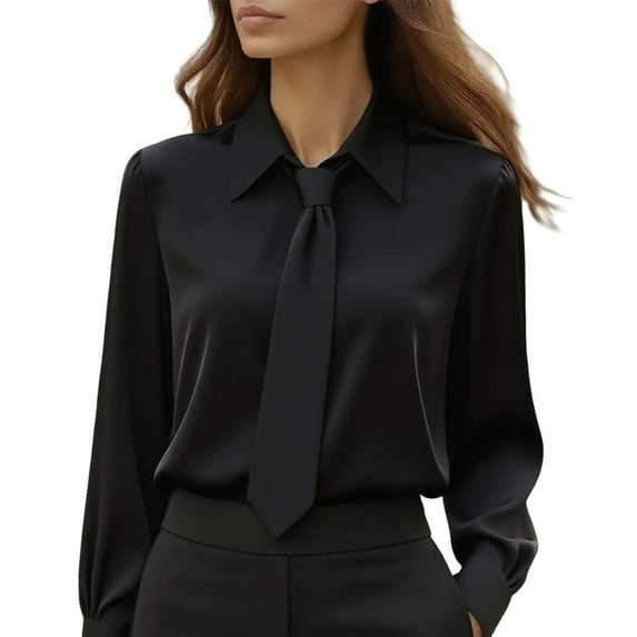 Yigetop Satin Shirts for Women, Womens Tops Long Sleeve Satin Button Down Shirts Casual Business Blouses Fall Clothes Dressy Blouses for Women Black L