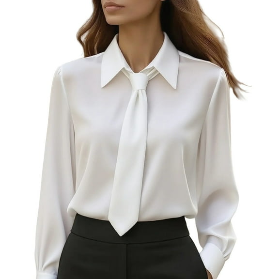 Yigetop Satin Shirts for Women, Womens Tops Long Sleeve Satin Button Down Shirts Casual Business Blouses Fall Clothes Dressy Blouses for Women White L