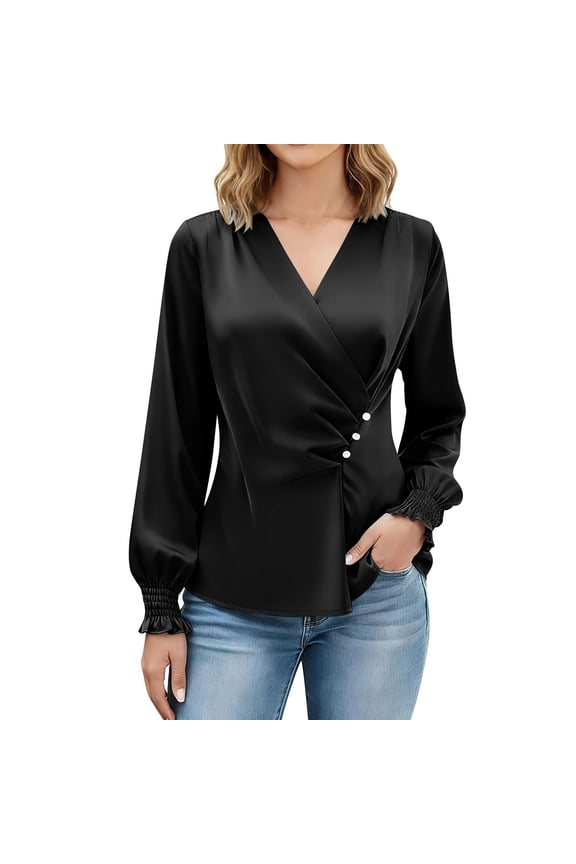 Satin Wrap Blouse, Womens Elegant Satin Shirts Dressy Casual Wrap V Neck Pleated Tunic Blouse Business Work Shirts Wrap Blouse for Women Black S