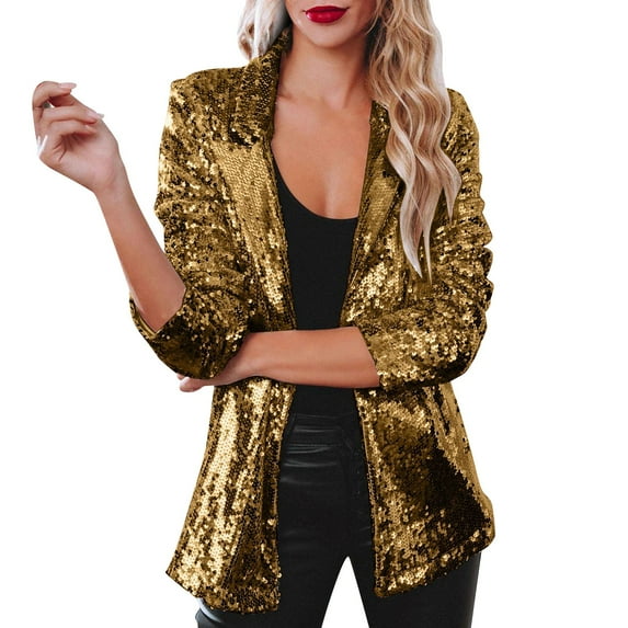 Yigetop Sequin Blazer for Women Women Sequins Sequin Jacket Casual Long Sleeve Glitter Party Shiny Lapel Rave Outerwear Coat Sparkly Jacket Gold S