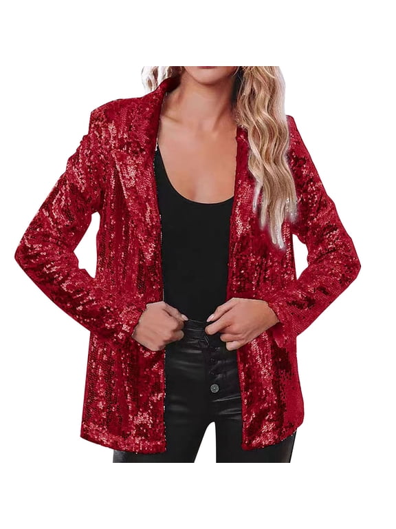 Sequin Blazer for Women Women Sequins Sequin Jacket Casual Long Sleeve Glitter Party Shiny Lapel Rave Outerwear Coat Sparkly Jacket Red S