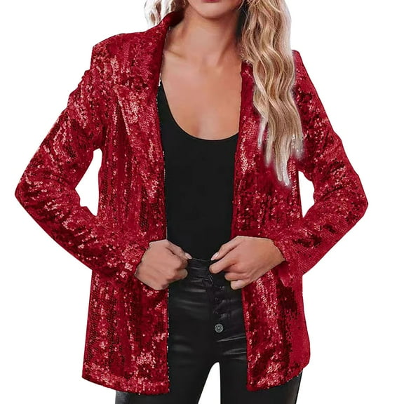Yigetop Sequin Blazer for Women Women Sequins Sequin Jacket Casual Long Sleeve Glitter Party Shiny Lapel Rave Outerwear Coat Sparkly Jacket Red XL