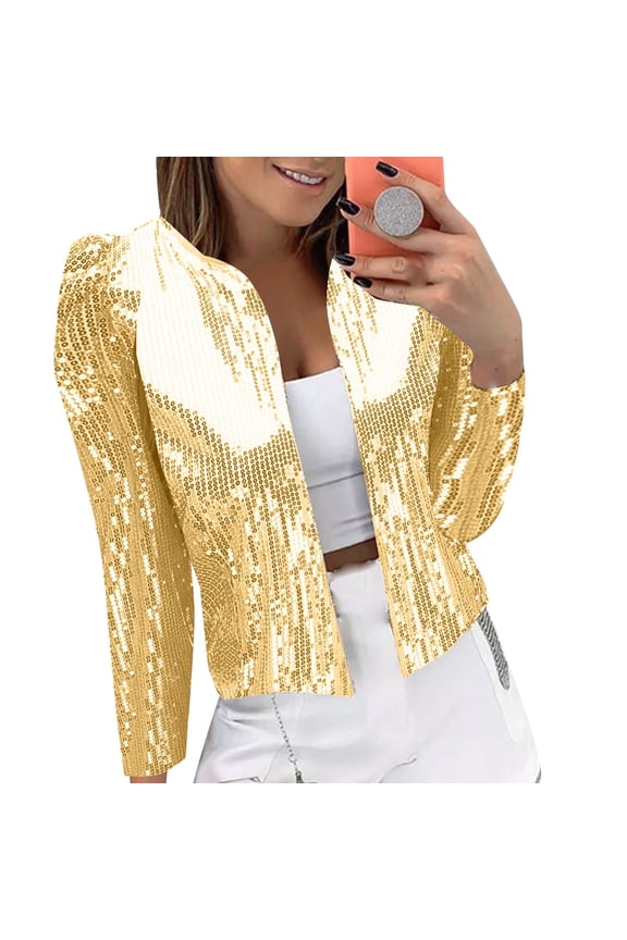 Sequin Blazer for Women Women's Casual Fashion Sequin Bead Sparkling Suit Cardigan Jacket Metallic Jacket Women Gold M
